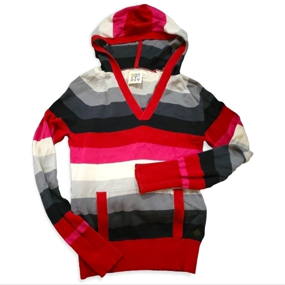 Women's Roxy Hooded Sweater Striped Pullover V Neck Hoodie Jumper Size Medium